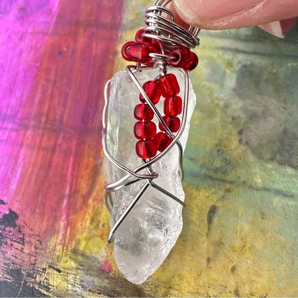 Handmade Sea Glass Pendant Red Accent Beads Silver Tone Wire Wrapped 1915 R - Picture 4 of 11